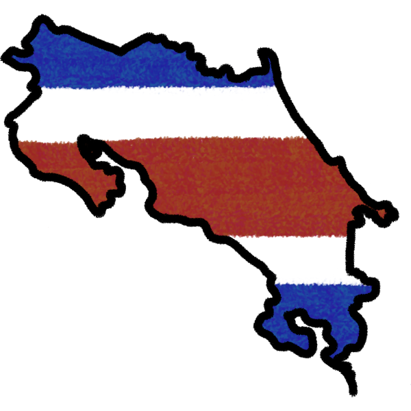 A land mass matching the shape of costa rica with a black outline and the interior matching the costa rican flag: 5 stripes blue, white, red, white, then blue again. 